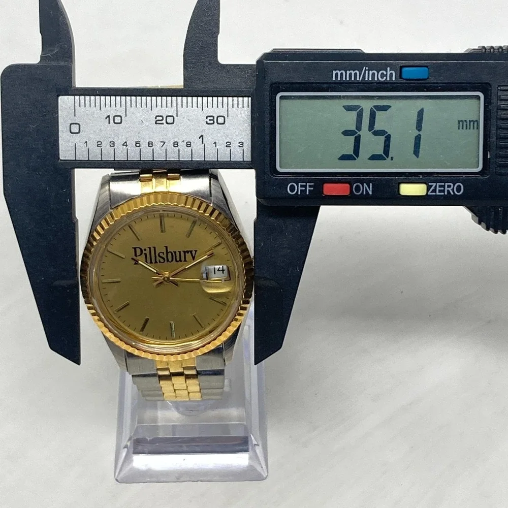 Pillsbury Watch Men 35mm Silver Gold Two Tone Date Bubble Round New Battery 7